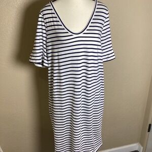 Boden Women's Navy White Striped V-Neck Ruffle Sleeve T-Shirt Dress US Size 16L